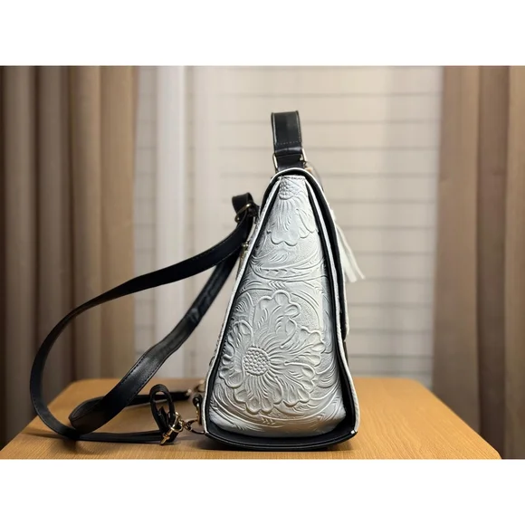 LEATHER Black & White BACKPACK Embossed Tooled Artisan  display picture 3